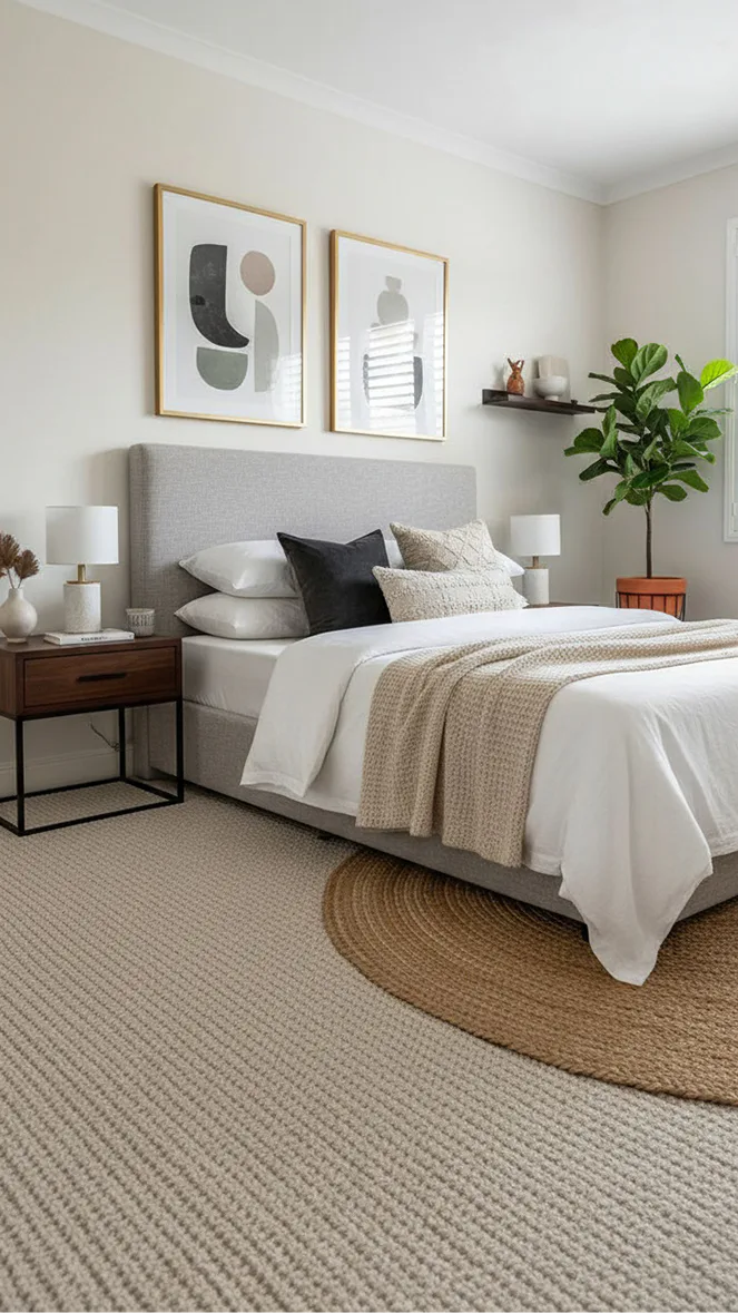 Stylish modern bedroom featuring a gray upholstered bed with white linens, abstract wall art, and neutral textured carpet flooring complemented by natural jute rug