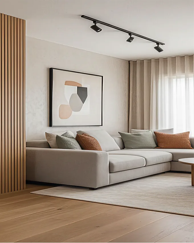 Contemporary living room featuring light hardwood floors, beige sectional sofa with colorful pillows, wood slat accent wall, black track lighting, and abstract wall art
